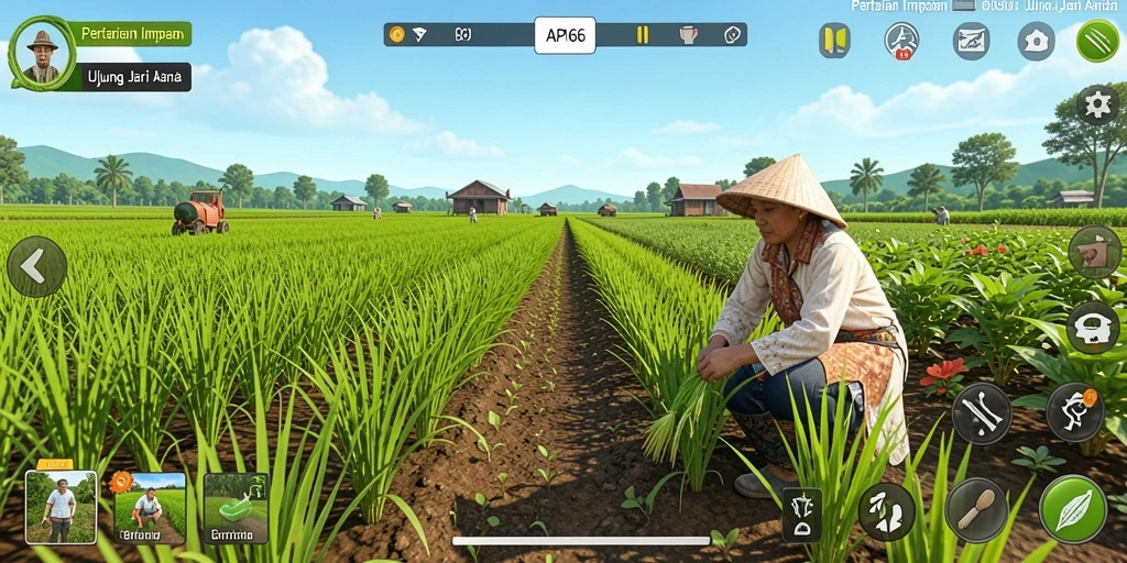 Tampilan gameplay menawan dengan aktivitas bercocok tanam.