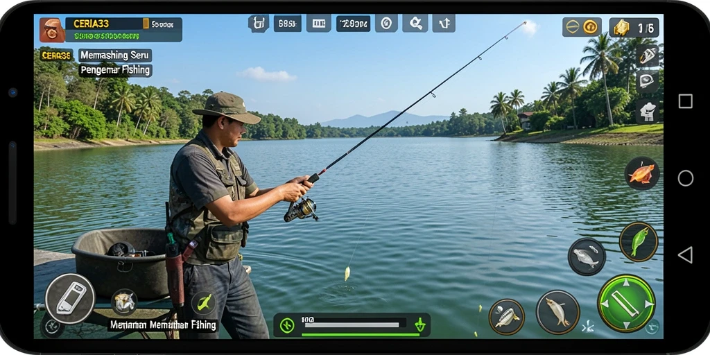 Screenshot gameplay CERIA33 menampilkan aksi memancing yang seru dan grafis yang memukau.