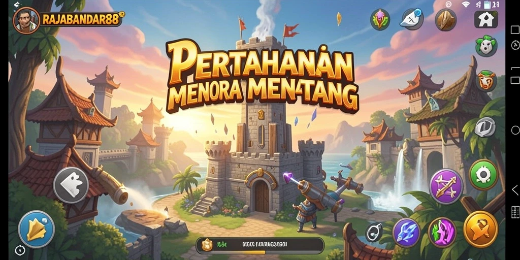 Screenshot gameplay RAJABANDAR88 menampilkan pertempuran strategis Tower Defense.