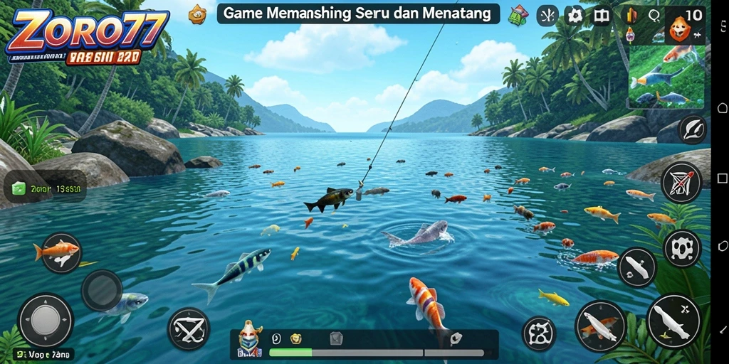 Screenshot gameplay ZORO77 dengan aksi memancing yang seru.